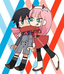 Rule 34 | 10s, 1boy, 1girl, :p, black hair, blue eyes, bright pupils, darling in the franxx, eyelashes, hetero, highres, hiro (darling in the franxx), hug, long hair, looking at another, mato (mozu hayanie), pantyhose, pink hair, shorts, standing, tongue, tongue out, uniform, zero two (darling in the franxx)