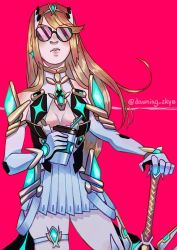 Rule 34 | 1girl, armor, artist request, blonde hair, blush, breasts, cleavage, dress, gloves, large breasts, long hair, looking at viewer, mythra (xenoblade), nintendo, solo, sunglasses, sword, weapon, white background, xenoblade chronicles (series), xenoblade chronicles 2, xenoblade chronicles (series), xenoblade chronicles 2