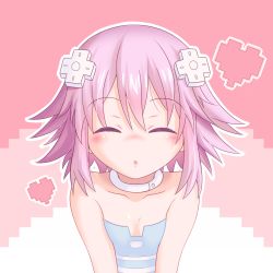 Rule 34 | 10s, 1girl, blush, camisole, choker, closed eyes, d-pad, d-pad hair ornament, flat chest, hair ornament, heart, highres, incoming kiss, neptune (neptunia), neptune (series), open mouth, purple hair, short hair, simple background, solo