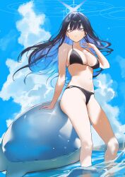 Rule 34 | 1girl, absurdres, arm support, bare shoulders, bikini, black bikini, black hair, blue archive, blue eyes, blue hair, blue halo, breasts, cloud, colored inner hair, halo, highres, in water, inflatable toy, large breasts, long hair, looking at viewer, midriff, multicolored hair, navel, outdoors, r aeel, saori (blue archive), sky, solo, swimsuit