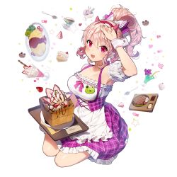 Rule 34 | 1girl, arm up, breasts, cake, carrying, character request, cleavage, cookie, demon horns, detached sleeves, fake horns, feet, food, fruit, halterneck, high ponytail, horns, ice cream, long hair, looking at viewer, official art, omelet, omurice, open mouth, parfait, pink eyes, pink hair, plaid, plaid skirt, puffy detached sleeves, puffy sleeves, skirt, solo, strawberry, sukja, sundae, transparent background, tray, uchi no hime-sama ga ichiban kawaii, wafer stick, waitress, wrist cuffs