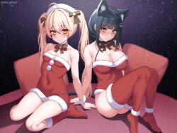 Rule 34 | 2girls, absurdres, ahoge, animal ears, armpit crease, ass, bare arms, bare shoulders, bell, black choker, black hair, blonde hair, blue eyes, bow, bowtie, breasts, cat ears, cat girl, cat tail, choker, cleavage, closed mouth, commission, covered navel, dress, extra ears, fur bracelet, fur trim, hair bow, hair ornament, hairclip, halterneck, hat, heterochromia, highres, jingle bell, kkam-sang, knees up, large breasts, leotard, long hair, looking at viewer, medium breasts, mole, mole on breast, multiple girls, no shoes, original, red dress, red leotard, red socks, red thighhighs, santa costume, santa dress, short dress, sidelocks, sitting, smile, socks, spaghetti strap, strapless, strapless dress, tail, thighhighs, thighs, twintails, very long hair, wariza, white choker, white headwear, yellow eyes