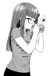 Rule 34 | 1girl, bare legs, blunt bangs, blush, breasts, closed eyes, clothes writing, commentary, commission, covering own mouth, dakota (dkooters), eating, english commentary, glasses, hair ornament, hairclip, heart, heart hair ornament, highres, laughing, long hair, miniskirt, monochrome, norman maggot, original, pleated skirt, shirt, short sleeves, sidelocks, simple background, skirt, small breasts, smile, solo, speech bubble, spoken heart, t-shirt, upper body, white background