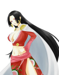 Rule 34 | 1girl, amazon lily, black hair, boa hancock, breasts, cape, cleavage, earrings, epaulettes, female focus, highres, jewelry, long hair, midriff, navel, one piece, simple background, solo, white background