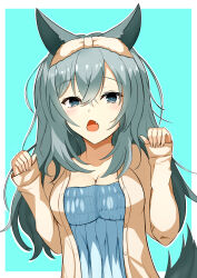 Rule 34 | 1girl, absurdres, animal ears, aqua background, aqua eyes, aqua hair, blush, border, breasts, camisole, casual, cat ears, cat girl, cat tail, chestnut mouth, cleavage, collarbone, commentary request, crossed bangs, double-parted bangs, eyelashes, eyes visible through hair, fang, hair between eyes, hands up, highres, large breasts, long hair, looking at viewer, megumu (dhpc8573), open clothes, open mouth, open shirt, partial commentary, paw pose, riddle joker, shikibe mayu, shirt, simple background, sleeves past wrists, solo, tail, upper body, wavy hair, white border, white camisole, yellow shirt