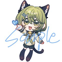 Rule 34 | 1boy, :3, animal ear fluff, animal ears, bell, black pants, black thighhighs, cat boy, cat ears, chibi, chibi only, chinese commentary, commentary request, fang, green eyes, green hair, green neckerchief, hair between eyes, hair ornament, hairclip, heart, highres, lili buxiang dong, male focus, neck bell, neckerchief, open mouth, pants, sailor collar, sailor shirt, sample watermark, shirt, short hair, simple background, smile, solo, thighhighs, transparent background, watermark, white shirt, xiaolu (xiaolu he xiaolan), xiaolu he xiaolan