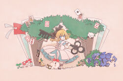 Rule 34 | 1girl, ace (playing card), ace of spades, alice (alice in wonderland), alice (alice in wonderland) (cosplay), alice in wonderland, apron, black bow, blonde hair, blue dress, blue eyes, blush stickers, book, bow, card, cosplay, doseisan, dress, everdred (mother 2), eyelashes, five of diamonds, flower, hair bow, highres, holding, holding key, jeff andonuts, key, looking back, mother (game), mother 2, ness (mother 2), nintendo, open book, paint, paula (mother 2), playing card, pocket watch, poo (mother 2), ramblin&#039; evil mushroom, rose, rose bush, sasa (toriiro), socks, spade (shape), striped clothes, striped socks, three of hearts, tree, watch, white apron, white bow, white flower, white rose, yellow flower