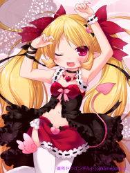 Rule 34 | 1girl, ;d, armpits, arms up, bad id, bad pixiv id, blonde hair, blush, demon tail, dragon guild, fang, hair ornament, hair ribbon, heart, long hair, looking at viewer, navel, one eye closed, open mouth, pink eyes, pointy ears, ribbon, ringo yuyu, skirt, smile, solo, soukyuu dragon guild, tail, thighhighs, twintails, watermark, white thighhighs, wink, wrist cuffs, wrist ribbon