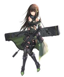 Rule 34 | 1girl, armored boots, assault rifle, bare shoulders, belt pouch, boots, breasts, brown eyes, brown hair, case, closed mouth, finger on trigger, full body, girls&#039; frontline, gloves, gun, herol, highres, holding, holding gun, holding weapon, knee boots, long hair, looking at viewer, m4 carbine, m4a1 (girls&#039; frontline), m4a1 (mod3) (girls&#039; frontline), medium breasts, mod3 (girls&#039; frontline), multicolored hair, pouch, rifle, scarf, scope, simple background, solo, streaked hair, torn clothes, weapon, white background