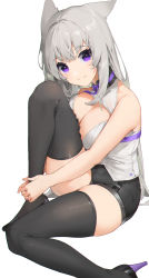 Rule 34 | 1girl, akizone, animal ears, bad id, bad twitter id, bare shoulders, black footwear, black shorts, black thighhighs, blush, breast press, breasts, cleavage, cleavage cutout, closed mouth, clothing cutout, high heels, highres, knee to chest, knee up, large breasts, long hair, looking at viewer, neck ribbon, original, purple ribbon, ribbon, shirt, short shorts, shorts, silver hair, simple background, skindentation, sleeveless, sleeveless shirt, smile, solo, thighhighs, thighs, very long hair, white background, white shirt