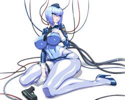 Rule 34 | 1girl, android, between legs, black necktie, blue hair, breasts, cable, female service cap, gloves, green eyes, gun, half gloves, hand between legs, handgun, hat, high heels, highres, large breasts, leotard, leotard over bodysuit, mimizu (tokagex), necktie, original, police, police badge, police hat, police uniform, policewoman, science fiction, shiny clothes, sitting, skindentation, solo, uniform, wariza, weapon