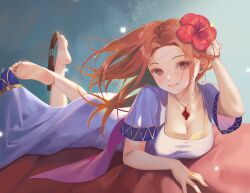 Rule 34 | 1girl, barefoot, blue dress, breasts, cleavage, commission, crossed legs, dress, feet, flower, hair flower, hair ornament, hand in own hair, highres, jewelry, large breasts, looking at viewer, lying, marin (zelda), necklace, nekobell, nintendo, on stomach, red hair, sandals, unworn sandals, skeb commission, smile, soles, solo, the legend of zelda, the legend of zelda: link&#039;s awakening, the pose, toes