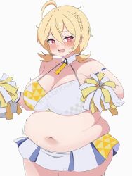 Rule 34 | 1girl, ahoge, big belly, blonde hair, blue archive, breasts, cheerleader, cleavage, embarrassed, fat, highres, kotori (blue archive), kotori (cheer squad) (blue archive), large breasts, looking at viewer, low twintails, navel, pom pom (cheerleading), red eyes, short hair, skirt, solo, twintails, usagirin, white background