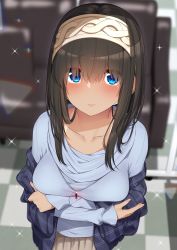 Rule 34 | 1girl, absurdres, beige skirt, black hair, blue eyes, blue sweater, blush, breasts, closed mouth, collarbone, crossed arms, go-1, hairband, highres, idolmaster, idolmaster cinderella girls, jewelry, large breasts, long hair, long sleeves, looking at viewer, necklace, sagisawa fumika, shawl, solo, sparkle, sweater