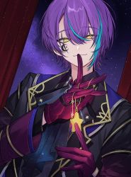 Rule 34 | 1boy, :3, ascot, black jacket, commentary, crescent tattoo, curtains, facial mark, gloves, highres, holding, holding star, index finger raised, jacket, kamishiro rui, long sleeves, male focus, multicolored hair, nes 402, night, night sky, print ascot, project sekai, purple hair, red gloves, sky, sky print, solo, star (sky), star (symbol), star tattoo, streaked hair, tattoo, yellow eyes