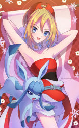Rule 34 | 1girl, :d, armpits, arms behind head, blonde hair, blue eyes, bracelet, commentary, creatures (company), game freak, gen 4 pokemon, glaceon, hairband, head tilt, highres, irida (pokemon), jewelry, katuobushi04, looking at viewer, medium hair, nintendo, open mouth, pokemon, pokemon (creature), pokemon legends: arceus, presenting armpit, sash, shirt, shorts, smile, snowflakes, strapless, strapless shirt, symbol-only commentary, white shorts