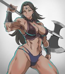 Rule 34 | 1girl, abs, amazon (goblin slayer!), amazon warrior, axe, battle axe, biceps, breasts, brown eyes, brown hair, circlet, cleavage, closed mouth, dark-skinned female, dark skin, goblin slayer!, highres, holding, holding axe, holding weapon, large breasts, long hair, muscular, muscular female, navel, over shoulder, shibusun, smile, solo, thick thighs, thighs, warrior, weapon