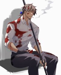 Rule 34 | 1boy, bags under eyes, black gloves, black shirt, blonde hair, blood, blood in hair, blood on clothes, blood on face, blood on hands, blue ribbon, brown hair, cigarette, closed eyes, facial hair, fate/grand order, fate (series), gloves, goatee, hair ribbon, haruakira, hector (fate), highres, holding, holding polearm, holding weapon, injury, invisible chair, long hair, male focus, mature male, mouth hold, polearm, ribbon, shirt, sitting, smoke, solo, weapon, white background