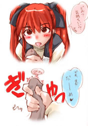 Rule 34 | 1girl, handjob, oral, penis, red hair, ribbon, saliva, squeezing, tongue, twintails, uncensored