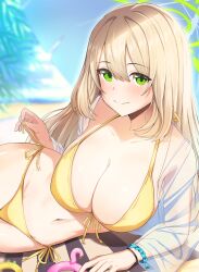Rule 34 | 1girl, absurdres, beach, bikini, blue archive, blush, breasts, cleavage, closed mouth, collarbone, day, front-tie bikini top, front-tie top, green eyes, highres, jacket, kuromiz, large breasts, light brown hair, long hair, long sleeves, navel, nonomi (blue archive), nonomi (swimsuit) (blue archive), ocean, open clothes, open jacket, outdoors, see-through, see-through jacket, see-through sleeves, side-tie bikini bottom, smile, solo, swimsuit, yellow bikini