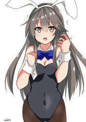 Rule 34 | 1girl, :o, alternate costume, animal ears, bare shoulders, blue bow, blue bowtie, bow, bowtie, breasts, brown eyes, cleavage, commentary request, cowboy shot, fake animal ears, grey hair, hair ornament, hairclip, haruna (kancolle), hinase (jet hearts), kantai collection, leotard, long hair, looking at viewer, medium breasts, one-hour drawing challenge, pantyhose, playboy bunny, rabbit ears, signature, simple background, solo, white background, wrist cuffs