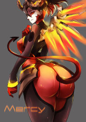 Rule 34 | 1girl, armor, ass, bodysuit, boots, breasts, brown hair, character name, covered erect nipples, cowboy shot, dark persona, demon horns, demon tail, devil mercy, facial mark, faulds, forehead mark, gloves, glowing, glowing wings, grey background, hand on own chest, horns, huge ass, mechanical wings, medium breasts, mercy (overwatch), official alternate costume, overwatch, overwatch 1, ponytail, red eyes, red wings, sevenann, short hair, solo, tail, thigh boots, thighhighs, wings