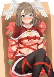 Rule 34 | 1girl, bell, black pantyhose, blue eyes, blush, box, breasts, brown hair, cardboard box, christmas, eunie (xenoblade), fur trim, head wings, highres, in box, in container, keaworks, medium breasts, naked ribbon, navel, pantyhose, red ribbon, red skirt, ribbon, skirt, white background, wings, xenoblade chronicles (series), xenoblade chronicles 3