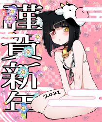 Rule 34 | 1girl, 2021, animal print, text background, bell, bikini, blunt bangs, blunt ends, blush, bob cut, bottomless, breasts, chinese zodiac, closed mouth, commentary, cow mask, cow print, cowbell, egasumi, flower, front-tie bikini top, front-tie top, frown, full body, halterneck, happy new year, heterochromia, kuchinashi (not on shana), light frown, looking at viewer, mask, mask on head, new year, not on shana, original, parted lips, pink background, print bikini, red eyes, short hair, sitting, small breasts, solo, swimsuit, translated, v arms, year of the ox, yellow eyes, yokozuwari