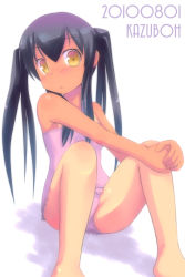 Rule 34 | 1girl, 2010, artist name, black hair, casual one-piece swimsuit, dated, highres, k-on!, kazuboh, long hair, looking at viewer, nakano azusa, one-piece swimsuit, one-piece tan, pink one-piece swimsuit, shorts tan, sitting, solo, swimsuit, tan, tanline, yellow eyes