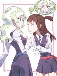 Rule 34 | 10s, 2girls, blank stare, blonde hair, blue eyes, blush, brown hair, crossed arms, diana cavendish, frown, highres, kagari atsuko, little witch academia, long hair, multicolored hair, multiple girls, raised eyebrow, red eyes, short ponytail, skirt, sweatdrop, tama (tama-s), thought bubble, two-tone hair, witch