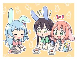 Rule 34 | 3girls, :d, :o, ^ ^, ahoge, animal ears, bang dream!, black hair, blue dress, blue hair, blush, closed eyes, cup, dress, flying sweatdrops, green eyes, green shirt, grey skirt, hanazono tae, kemonomimi mode, long hair, low twintails, matsubara kanon, multiple girls, one side up, open mouth, outline, pants, pink shirt, rabbit background, rabbit ears, rabbit tail, re ghotion, shirt, short sleeves, simple background, sitting, skirt, sleeveless, sleeveless dress, smile, striped clothes, striped dress, suspender skirt, suspenders, tail, teacup, twintails, uehara himari, v-shaped eyebrows, white outline, white pants, yellow background