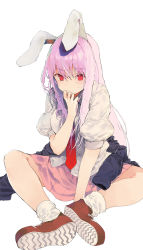 Rule 34 | 1girl, animal ears, unworn blazer, closed mouth, commentary request, full body, hand up, highres, knees apart feet together, long hair, looking at viewer, mieharu, necktie, pink hair, pink skirt, puffy short sleeves, puffy sleeves, rabbit ears, rabbit girl, red eyes, red footwear, red necktie, reisen udongein inaba, revision, shirt, shoe soles, shoes, short sleeves, simple background, sitting, skirt, socks, solo, touhou, very long hair, white background, white shirt, white socks