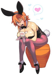 Rule 34 | 1girl, animal, animal between breasts, animal ears, bare shoulders, between breasts, bow, bowtie, breasts squeezed together, breasts, rabbit, cleavage, detached, detached collar, fake animal ears, heart, high heels, large breasts, maruta kentarou, one eye closed, open mouth, orange hair, pantyhose, pink eyes, playboy bunny, rabbit ears, rabbit tail, red hair, short hair, sitting, solo, tail, wink, x(