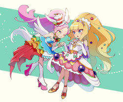 Rule 34 | 2girls, bare shoulders, blonde hair, blue eyes, boots, bridal gauntlets, clothing cutout, commentary request, cure finale, cure parfait, delicious party precure, diadem, dress, earrings, elbow gloves, eyelashes, gloves, green eyes, hair ornament, happy, hat, high heel boots, high heels, highres, in-franchise crossover, jewelry, kasai amane, kirahoshi ciel, kirakira precure a la mode, long hair, looking at another, magical girl, multicolored clothes, multicolored dress, multiple girls, necklace, one eye closed, pink hair, ponytail, precure, smile, ukata, white gloves