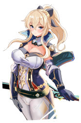 Rule 34 | 1girl, absurdres, belt, black bow, blonde hair, blue eyes, blush, bow, breasts, capelet, cleavage, closed mouth, commentary request, detached sleeves, genshin impact, hair between eyes, hair bow, hey taisyou, highres, holding, holding sword, holding weapon, jean (genshin impact), large breasts, long hair, looking at viewer, pants, simple background, sketch, solo, sword, weapon, white background, white pants