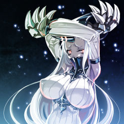 Rule 34 | 10s, 1girl, abyssal ship, armpits, arms up, bare shoulders, blush, breasts, claws, covering own mouth, detached sleeves, dress, highres, horns, kantai collection, large breasts, long hair, looking at viewer, pale skin, red eyes, ribbed dress, sakuya tsuitachi, seaport princess, short dress, single horn, solo, very long hair, water, white hair