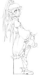 Rule 34 | 1girl, :o, against wall, animal ears, armband, belt, blouse, demon girl, dress, female focus, flat chest, frills, full body, greyscale, hat, hugging own legs, kneehighs, leg up, lineart, lolita fashion, monochrome, mystia lorelei, open mouth, shadow, shirt, shoes, short hair, socks, solo, standing, standing on one leg, touhou, tyokan, wide sleeves, wings