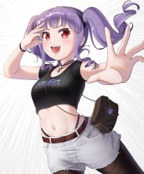 Rule 34 | 1girl, :d, absurdres, bag, bang dream!, belt, black panties, black pantyhose, black shirt, blunt bangs, blush, breasts, brown belt, carmen kiruya, choker, chuunibyou, clothes writing, collarbone, commentary request, cowboy shot, crop top, cross, cross choker, drill hair, emphasis lines, fang, fishnet thighhighs, fishnets, groin, group name, hand on own face, handbag, highleg, highleg panties, highres, long hair, looking at viewer, medium breasts, midriff, navel, open mouth, outstretched arm, panties, pantyhose, purple hair, red eyes, ribbon, shirt, short shorts, short sleeves, shorts, sidelocks, simple background, smile, solo, standing, teeth, thighhighs, twin drills, twintails, udagawa ako, underwear, upper teeth only, white background, white shorts, wristband