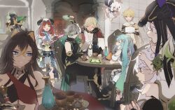 Rule 34 | 5boys, 6+girls, absurdres, aether (genshin impact), alhaitham (genshin impact), animal hat, black scarf, blonde hair, blue eyes, book, braid, broken cup, brown hair, cake, cape, carrying, carrying person, chair, closed eyes, closed mouth, collei (genshin impact), confetti, cowlick, crossed bangs, crushing, cup, cyno (genshin impact), dehya (genshin impact), dress, drink, drunk, facing another, fake horns, faruzan (genshin impact), fingerless gloves, fleeing, floating, food, genshin impact, gloves, green hair, grey hair, grin, hair between eyes, hair ears, halo, harem outfit, hat, headphones, height difference, highres, holding, holding book, holding cup, holding tray, horns, hoshiyui tsukino, indoors, kaveh (genshin impact), laughing, long hair, looking at another, mechanical halo, multicolored hair, multiple boys, multiple girls, nahida (genshin impact), nilou (genshin impact), on chair, on shoulder, open book, open mouth, paimon (genshin impact), pants, pouring, pouring onto another, red hair, romper, running, scarf, shaded face, shirt, short hair, single braid, sitting, sitting on person, sitting on shoulder, slit pupils, smile, standing, sweat, table, tan, tearing up, tighnari (genshin impact), tray, two-tone hair, veil, very long hair, wet, wet hair, white hair, white romper