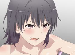 Rule 34 | 1girl, black hair, blush, collarbone, commentary request, completely nude, gradient background, grey background, hair between eyes, highres, lower teeth only, nude, open mouth, paid reward available, purple eyes, short hair, shou937, solo, teeth, tongue, tongue out, yahari ore no seishun lovecome wa machigatteiru., yukinoshita haruno