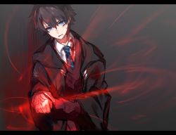 Rule 34 | 1boy, against wall, bad id, bad pixiv id, black hair, blood, blood on clothes, blue eyes, blue necktie, chocoan, cloak, coat, collared shirt, command spell, crest, dress shirt, fate/grand order, fate (series), fujimaru ritsuka (male), fujimaru ritsuka (male) (mage&#039;s association uniform), glowing, hair between eyes, holding own arm, hood, hooded cloak, letterboxed, male focus, necktie, official alternate costume, shirt, solo, striped necktie, striped neckwear, sweater, white shirt