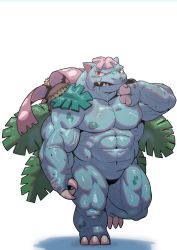 Rule 34 | 1boy, abs, absurdres, blood, claws, creatures (company), flower, game freak, gen 1 pokemon, highres, leaf, looking at viewer, male focus, muscular, muscular arms, muscular legs, muscular male, nintendo, pectorals, personification, plant, pokemon, red eyes, scar, solo, veins, venusaur, walking