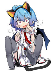 Rule 34 | 1girl, @ @, animal ears, black thighhighs, blue hair, blush, breath, cat ears, cat tail, demon wings, drooling, fake animal ears, female focus, necktie, noya makoto, open mouth, paw pose, pink eyes, pointy ears, red necktie, remilia scarlet, short hair, simple background, sitting, skirt, slit pupils, solo, sweat, tail, thighhighs, touhou, white background, wings