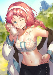 Rule 34 | 1girl, arknights, bare shoulders, blue eyes, blue poison (arknights), blue poison (shoal beat) (arknights), blue sky, bottle, breasts, chinese commentary, choker, cleavage, collarbone, commentary request, crop top, earrings, grin, hairband, hand up, hiroshiko (restart), holding, holding bottle, jacket, jewelry, long hair, long sleeves, looking at viewer, medium breasts, midriff, navel, off shoulder, official alternate costume, one eye closed, open clothes, open jacket, outdoors, pink hair, sky, smile, solo, spaghetti strap, sports bra, stomach, upper body, white hairband, white jacket