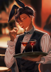 Rule 34 | 1boy, alcohol, animal ears, artist name, bishounen, black bow, black bowtie, black hair, blurry, blurry background, bow, bowtie, cherry, cocktail glass, commentary request, cup, dark-skinned male, dark skin, drinking glass, food, food in mouth, formal, fruit, grey eyes, hair between eyes, hand up, highres, holding, holding tray, long sleeves, male focus, mege (megechan), mole, mole under eye, original, rabbit ears, shirt, short hair, solo, suit, traditional bowtie, tray, upper body, very short hair, waistcoat, waiter, white shirt