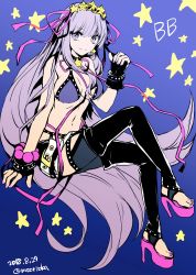 Rule 34 | 1girl, bb (fate), bb (fate) (all), bb (swimsuit mooncancer) (fate), bb (swimsuit mooncancer) (second ascension) (fate), bikini, black choker, black gloves, black thighhighs, character name, choker, closed mouth, commentary request, dated, earrings, fate/grand order, fate (series), fingerless gloves, fingernails, gloves, high heels, highres, invisible chair, jewelry, long hair, looking at viewer, micro shorts, nail polish, neck ribbon, pink footwear, purple background, purple bikini, purple eyes, purple hair, purple nails, purple ribbon, ribbon, rioka (southern blue sky), shoes, shorts, simple background, sitting, smile, solo, star (symbol), star earrings, swimsuit, thighhighs, twitter username, very long hair