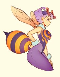 Rule 34 | 1girl, antennae, arthropod girl, artist name, bee, bee girl, blue eyes, breasts, bug, capcom, closed mouth, from side, fur collar, fur trim, highleg, highleg leotard, highres, impossible clothes, insect, insect girl, insect wings, large breasts, leotard, monster girl, oxcoxa, pantyhose, profile, purple hair, purple pantyhose, q-bee, short hair, simple background, smile, solo, stinger, vampire (game), wide hips, wings, yellow background