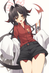 Rule 34 | 1girl, absurdres, ahoge, black hair, black horns, black horse, black tail, blue archive, blush, coat, demon horns, demon tail, eyeshadow, fang, flag, gradient horns, grey background, halo, highres, horns, huge ahoge, kasumi (blue archive), lab coat, long hair, makeup, multicolored horns, open clothes, open coat, open mouth, pink eyeshadow, red horns, red tail, sentouryoku 5, simple background, sleeves past fingers, sleeves past wrists, solo, tail, tongue, white coat, yellow eyes