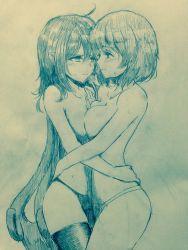 Rule 34 | 2girls, ahoge, asymmetrical docking, bare arms, bare shoulders, blush, breast press, breasts, breath, cleavage, closed mouth, collarbone, commentary request, cowboy shot, efukei, eye contact, from side, hair between eyes, hand on another&#039;s chest, hand on another&#039;s hip, highres, houjuu nue, hug, looking at another, medium breasts, monochrome, multiple girls, nose blush, panties, parted lips, profile, short hair, small breasts, sweat, tatara kogasa, tears, thighhighs, topless, touhou, traditional media, underwear, underwear only, yuri