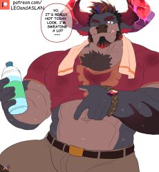 Rule 34 | 1boy, :q, abs, absurdres, animal ears, bara, bottle, brown fur, bulge, chest tuft, clothes lift, come hither, cow ears, cow horns, cowboy shot, crystal horn, english text, facial hair, furry, furry male, gem, goatee, highres, holding, holding bottle, horns, huge eyebrows, large pectorals, leoandaslan (leobongnana), live a hero, looking at viewer, male focus, mature male, minotaur, multicolored hair, muscular, muscular male, mutton chops, navel, obsidius (live a hero), one eye closed, pectorals, pointing at crotch, promotional art, red gemstone, seductive smile, shirt lift, short hair, smile, solo, speech bubble, standing, stomach, streaked hair, strongman waist, sweat, thick chest hair, tongue, tongue out, very sweaty